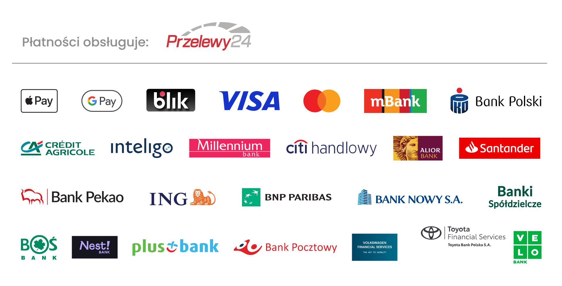 Metody płatności Przelewy24, Visa, Mastercard, BLIK i banki